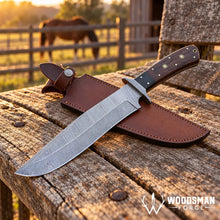 Load image into Gallery viewer, Rosebriar Damascus Bowie Knife – Rosewood Handle &amp; Leather Sheath