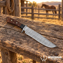 Load image into Gallery viewer, Rosebriar Damascus Bowie Knife – Rosewood Handle &amp; Leather Sheath
