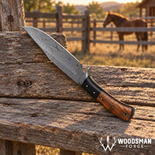 Load image into Gallery viewer, Roseforge Damascus Bowie Knife – Rosewood &amp; Micarta Handle