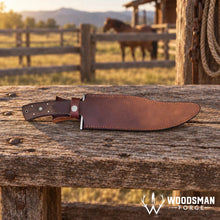 Load image into Gallery viewer, Rosewarden Damascus Bowie Knife – Rosewood Handle &amp; Leather Sheath