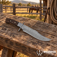 Load image into Gallery viewer, Rosewarden Damascus Bowie Knife – Rosewood Handle &amp; Leather Sheath