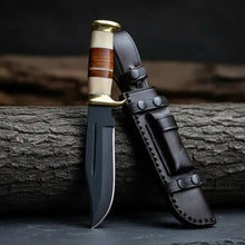 Load image into Gallery viewer, Handmade Fixed Blade Hunting Knife – Stacked Leather Handle &amp; Black Leather Sheath