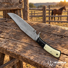 Load image into Gallery viewer, Stonebrook Damascus Bowie Knife – Bone &amp; Micarta Handle