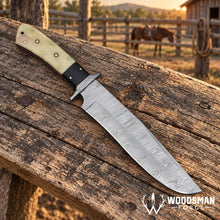 Load image into Gallery viewer, Stonewarden Damascus Bowie Knife – Bone Handle &amp; Leather Sheath