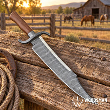 Load image into Gallery viewer, Ironwood Twisted Damascus Bowie Knife – Walnut Handle &amp; Leather Sheath