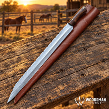Load image into Gallery viewer, Northwood Longreach™ Long Seax Knife – 1040 Carbon Steel, Walnut Handle &amp; Leather Scabbard
