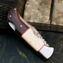 Load image into Gallery viewer, Damascus Folding Hunting Knife with Wenge &amp; Camel Bone Handle