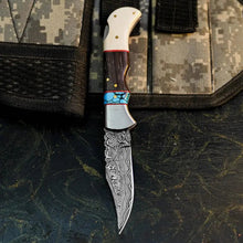 Load image into Gallery viewer, Damascus Hunting Pocket Knife with Camel Bone, Wenge &amp; Resin Handle