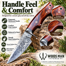 Load image into Gallery viewer, Damascus Field Dressing Knife with Wooden Handle &amp; Leather Sheath