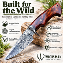 Load image into Gallery viewer, Damascus Field Dressing Knife with Wooden Handle &amp; Leather Sheath