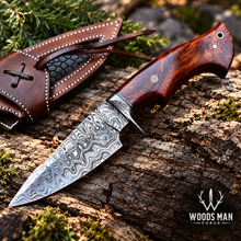 Load image into Gallery viewer, Damascus Field Dressing Knife with Wooden Handle &amp; Leather Sheath