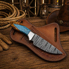 Load image into Gallery viewer, Working Ranch Knife Damascus Steel Wood &amp; Turquoise Handle EDC