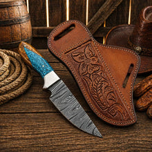 Load image into Gallery viewer, Working Ranch Knife Damascus Steel Wood &amp; Turquoise Handle EDC