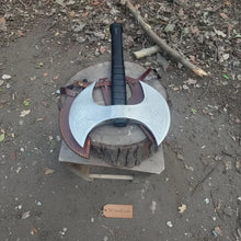 Load image into Gallery viewer, Custom Handmade Double-Headed Viking Axe with Nordic Knotwork Engravings and Cord-Wrapped Handle