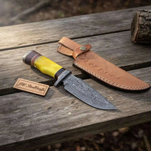 Load image into Gallery viewer, Frontier Clip Point Bowie Knife, Forged Damascus Steel with Colored Bone &amp; Wood Spacer Handle