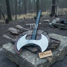 Load image into Gallery viewer, Custom Handmade Double-Headed Viking Axe with Nordic Knotwork Engravings and Cord-Wrapped Handle