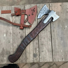 Load image into Gallery viewer, Handmade Viking Double-Bit Carbon Steel Axe with Norse Rune Etching and Engraved Hardwood Handle