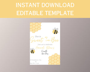 Bee Day Birthday Invitation | Sweet as can Bee Birthday Invitation | Editable Digital Download Invitation | Bumble Bee Theme Birthday