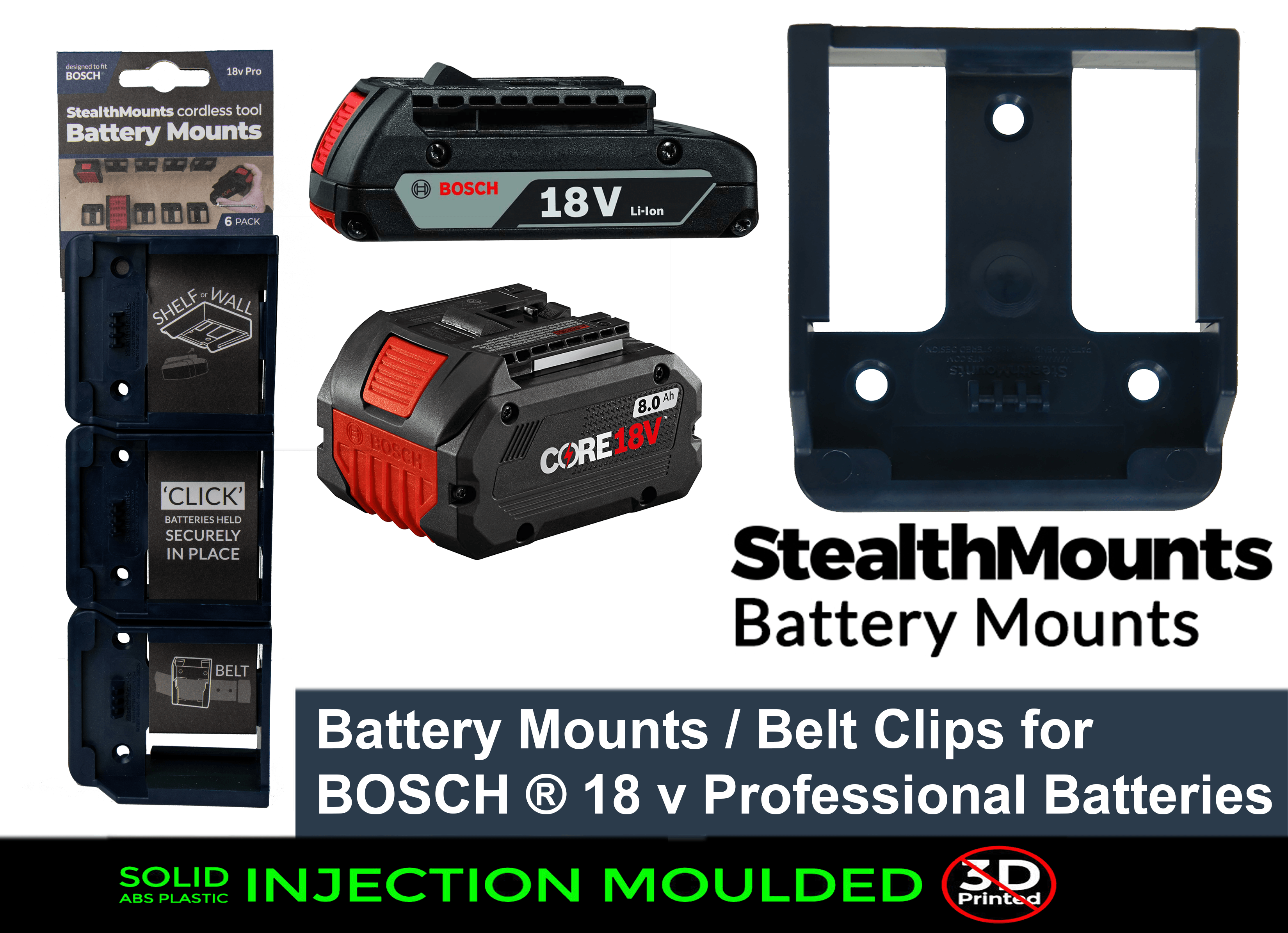 6 Pack of Stealth Mounts for Bosch 18v Battery Holder Slots Shelf