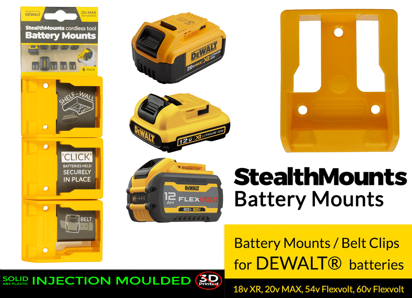 6 Pack of Stealth Mounts for DeWALT 20v/18v  54v/60v BATTERY Holder Slots Shelf Rack Stand Van Belt