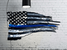 Load image into Gallery viewer, Tattered Thin Blue Line American Flag Custom Metal Wall Art / Back The Blue American Flag
