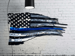 Tattered Thin Blue Line American Flag Custom Metal Wall Art / Back The Blue American Flag