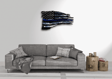Load image into Gallery viewer, Tattered Thin Blue Line American Flag Custom Metal Wall Art / Back The Blue American Flag