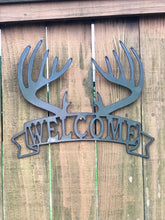 Load image into Gallery viewer, Antler Welcome Sign, Deer Antler Welcome Sign, Indoor/Outdoor Welcome Sign, Porch/Garage Sign, Rustic Home Décor Sign, Metal/Steel Sign