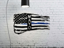 Load image into Gallery viewer, Personalized Tattered Thin Blue Line American Flag Custom Metal Wall Art
