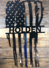 Load image into Gallery viewer, Personalized Vertical Tattered Thin Blue Line American Flag Custom Metal Wall Art