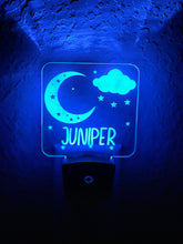 Load image into Gallery viewer, Personalized LED Moon &amp; Stars Night Light | 7 Color Changing | Plug in Night Light | Name Light | Children&#39;s Night Light | Kids Room Light
