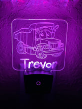 Load image into Gallery viewer, Personalized LED Dump Truck Night Light | 7 Color Changing | Plug in Night Light | Name Light | Children&#39;s Night Light | Kids Room Light