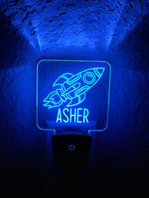 Load image into Gallery viewer, Personalized LED Spaceship Rocket Night Light | 7 Color Changing | Plug in Night Light | Name Light | Children&#39;s Night Light | Kids Room Light