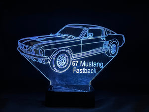 67 Mustang Fastback 3D LED Color Changing Desk Lamp, Night Light, Man Cave Light | Customizable | Rechargeable Corded or Cordless