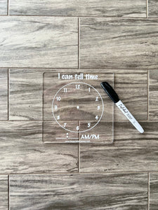 I Can Tell Time Learning Board Acrylic Dry Erase | Reusable Washable Clock Board | Preschool Learning | Education Supplies | Home School