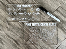 Load image into Gallery viewer, Acrylic Dry Erase Car Game Boards | Engraved Vehicle Travel Games | I Spy | Hangman | Dots &amp; Boxes | Alphabet Game | License Plate Game